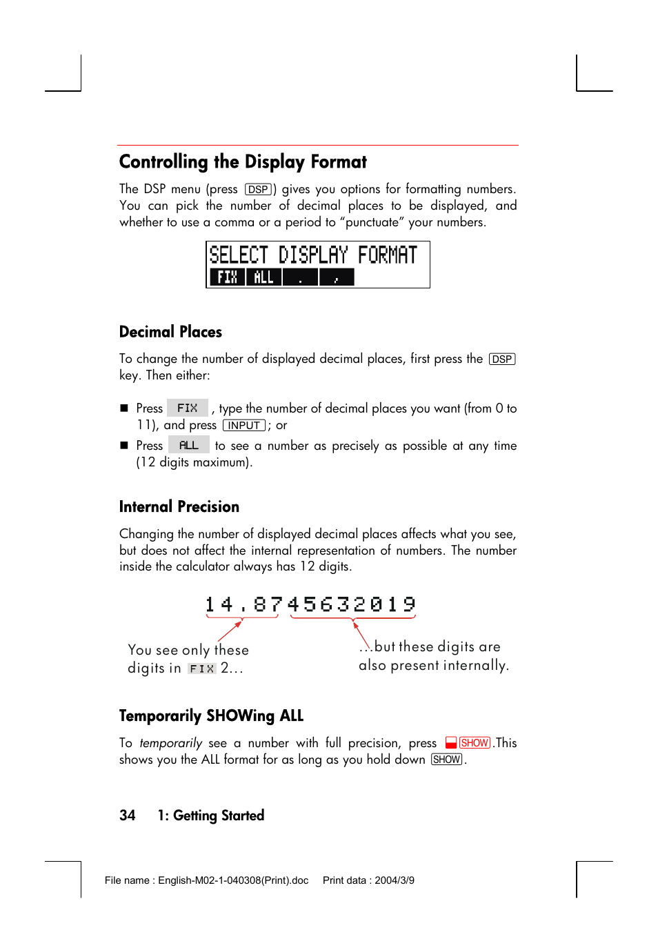 Controlling the display format, Decimal places, Internal precision | Temporarily showing all | HP 17bII+ User Manual | Page 34 / 310