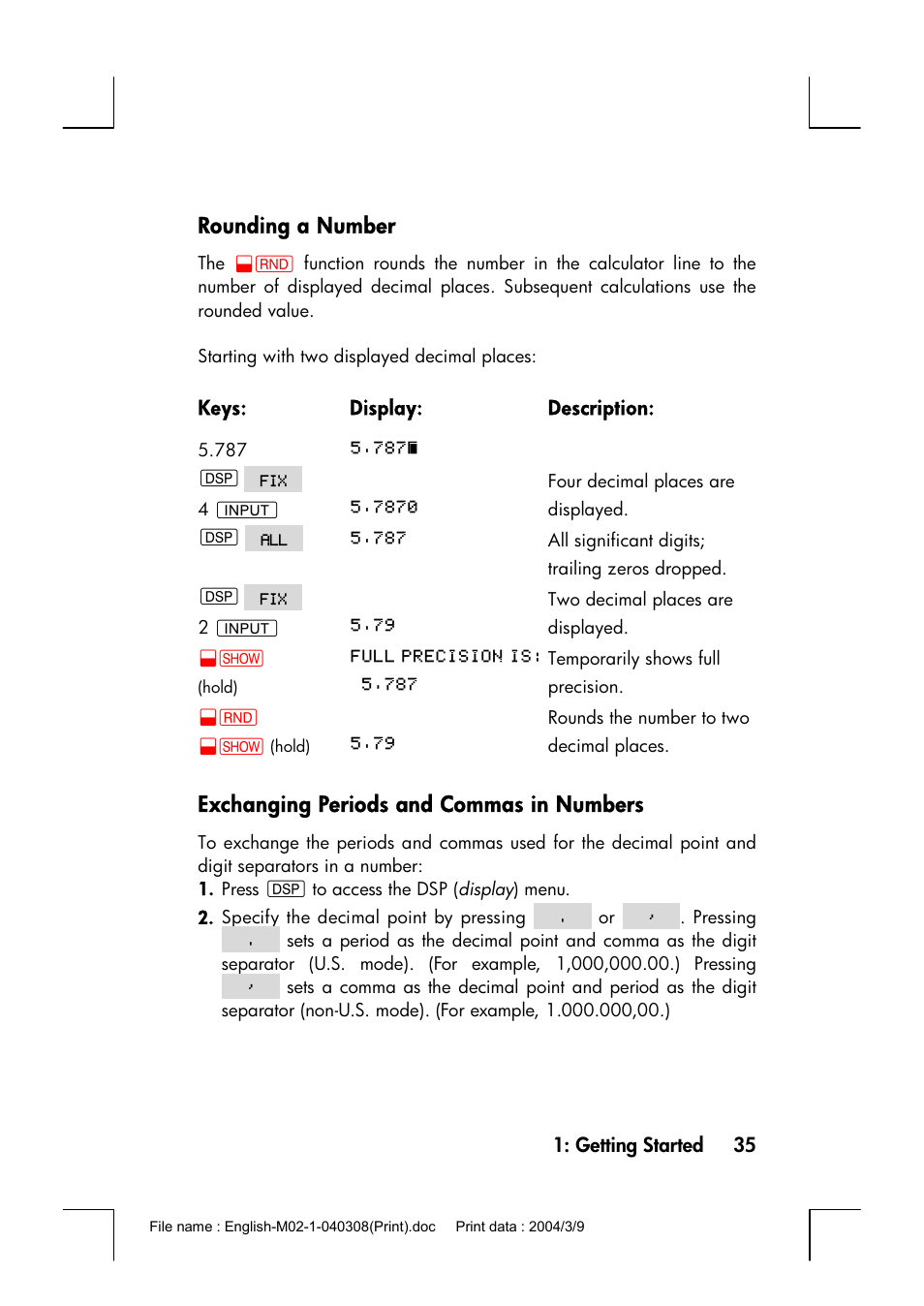 Rounding a number, Exchanging periods and commas in numbers | HP 17bII+ User Manual | Page 35 / 310
