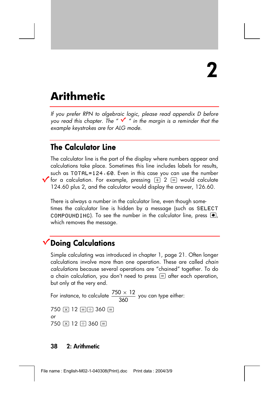 Arithmetic, The calculator line, Doing calculations | HP 17bII+ User Manual | Page 38 / 310