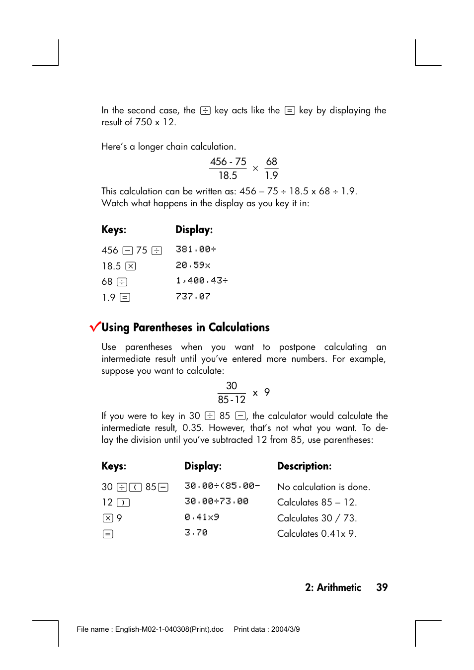 Using parentheses in calculations | HP 17bII+ User Manual | Page 39 / 310