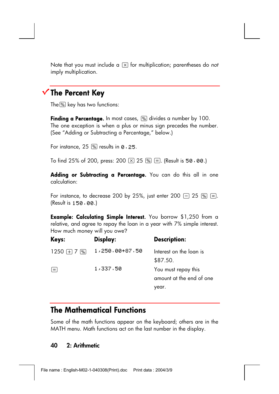 The percent key, The mathematical functions | HP 17bII+ User Manual | Page 40 / 310