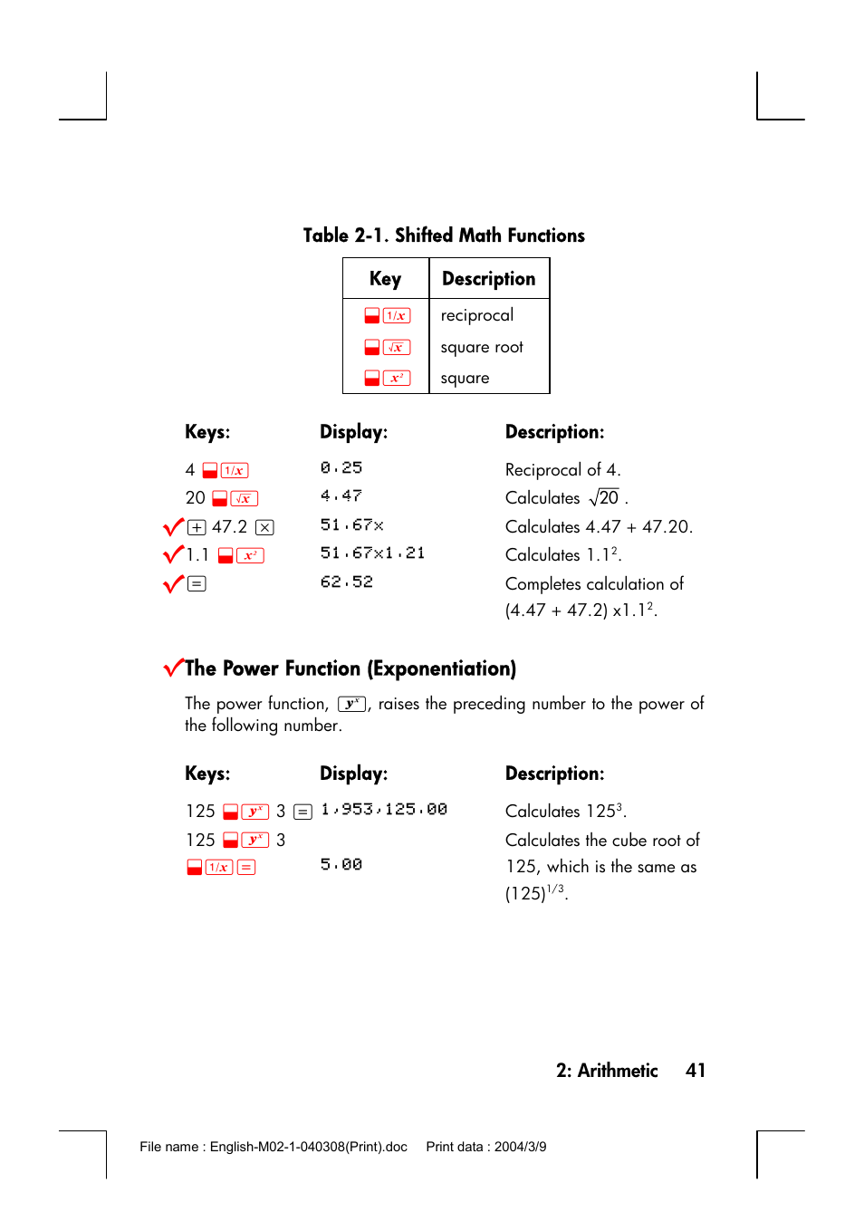 The power function (exponentiation) | HP 17bII+ User Manual | Page 41 / 310