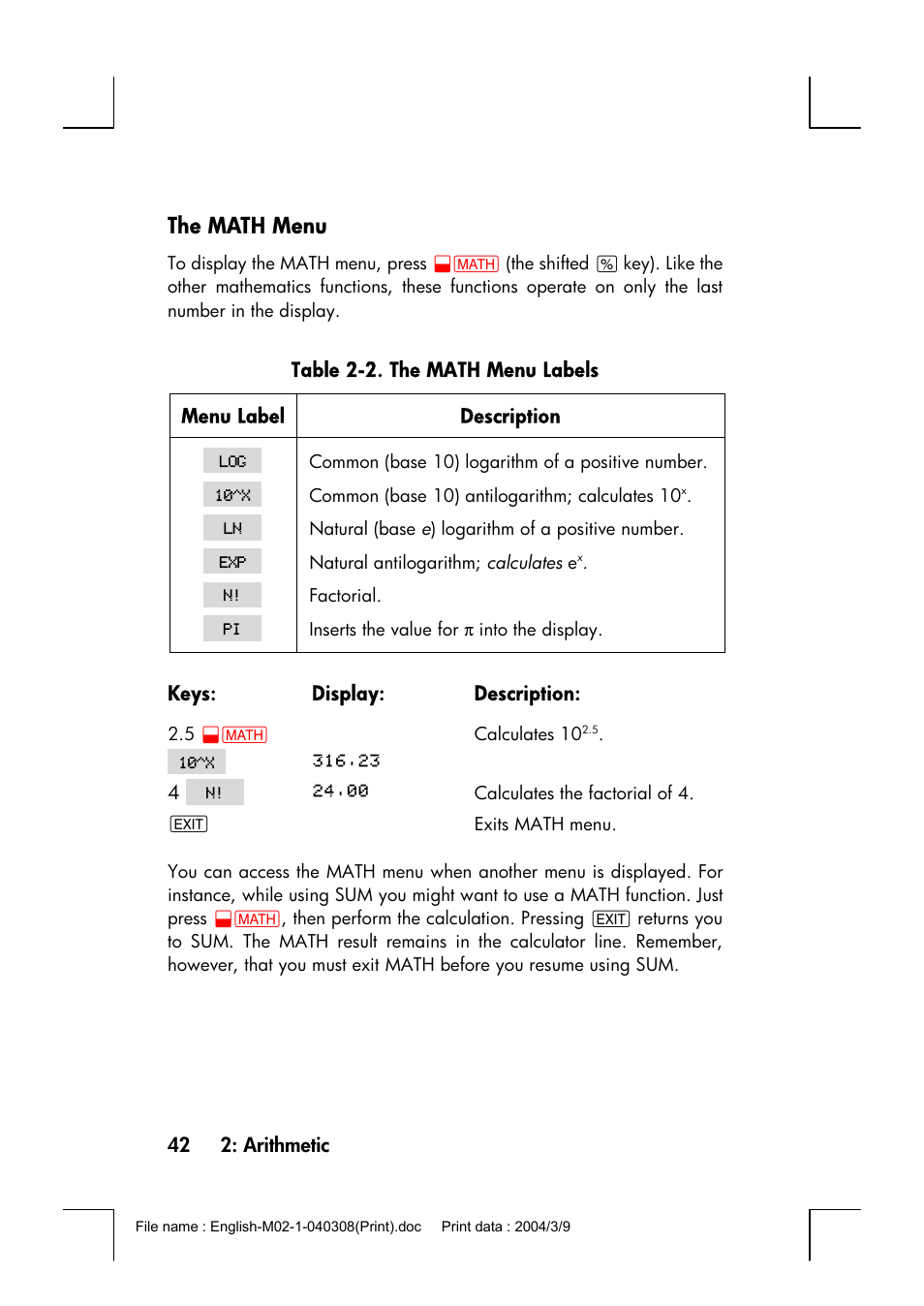 The math menu | HP 17bII+ User Manual | Page 42 / 310