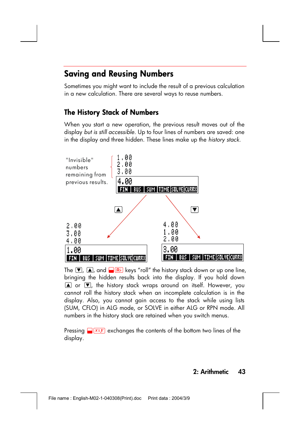 Saving and reusing numbers, The history stack of numbers | HP 17bII+ User Manual | Page 43 / 310