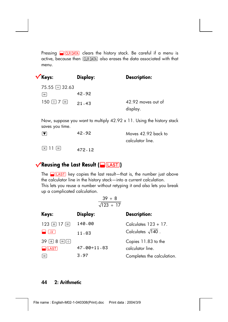 Reusing the last result (@l) | HP 17bII+ User Manual | Page 44 / 310