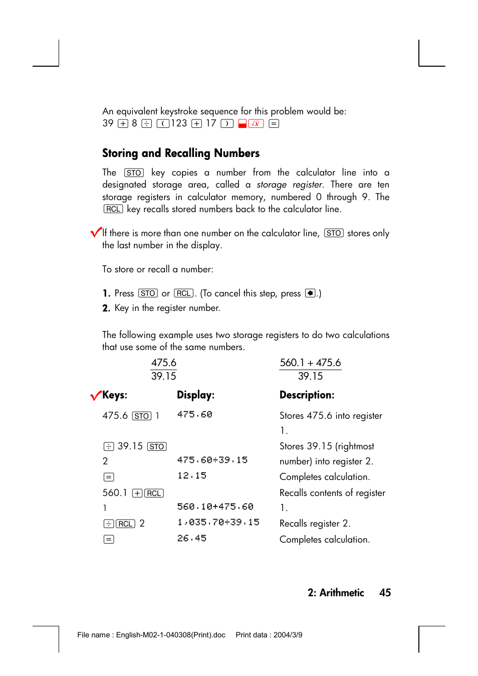 Storing and recalling numbers | HP 17bII+ User Manual | Page 45 / 310