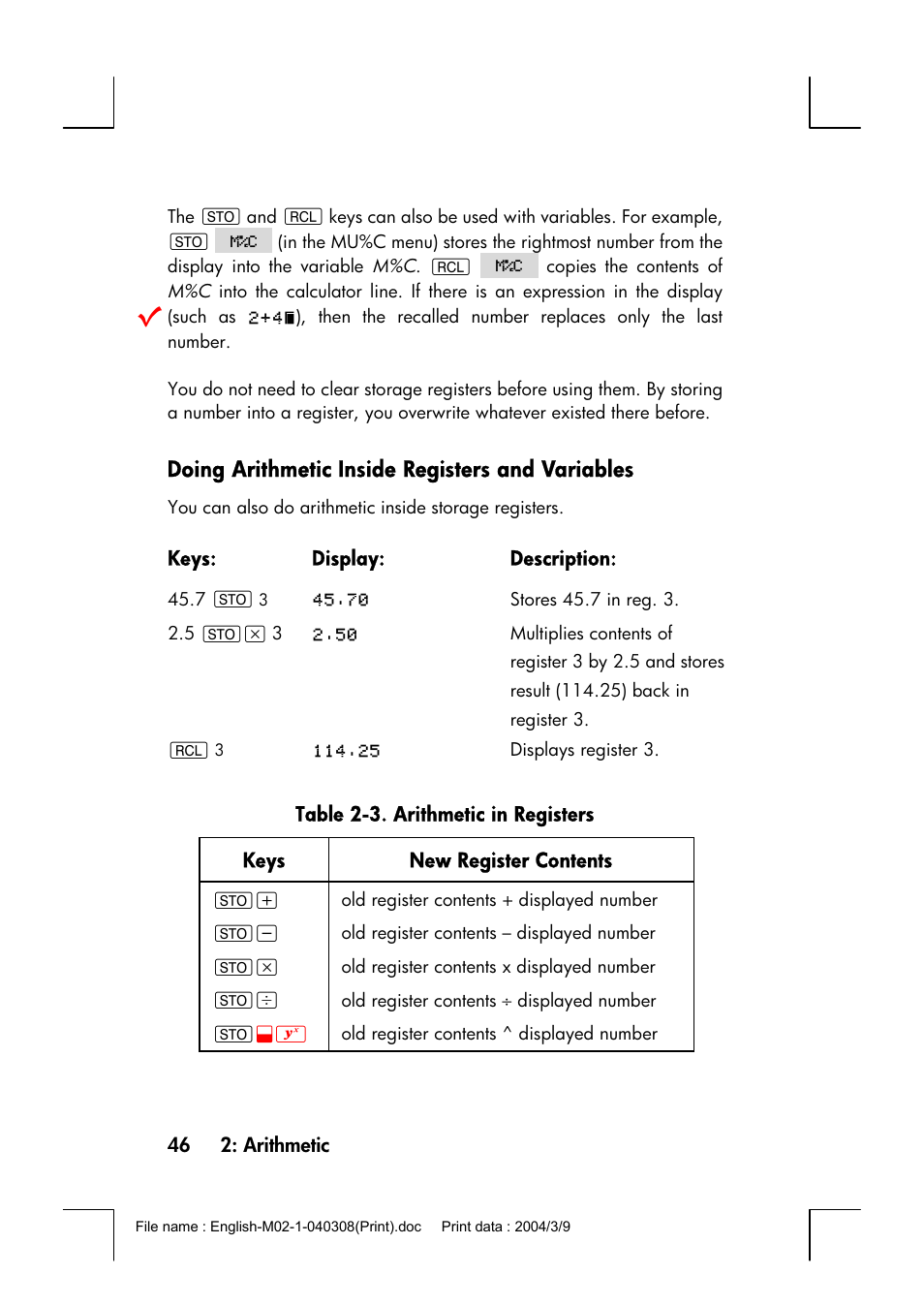 Doing arithmetic inside registers and variables | HP 17bII+ User Manual | Page 46 / 310