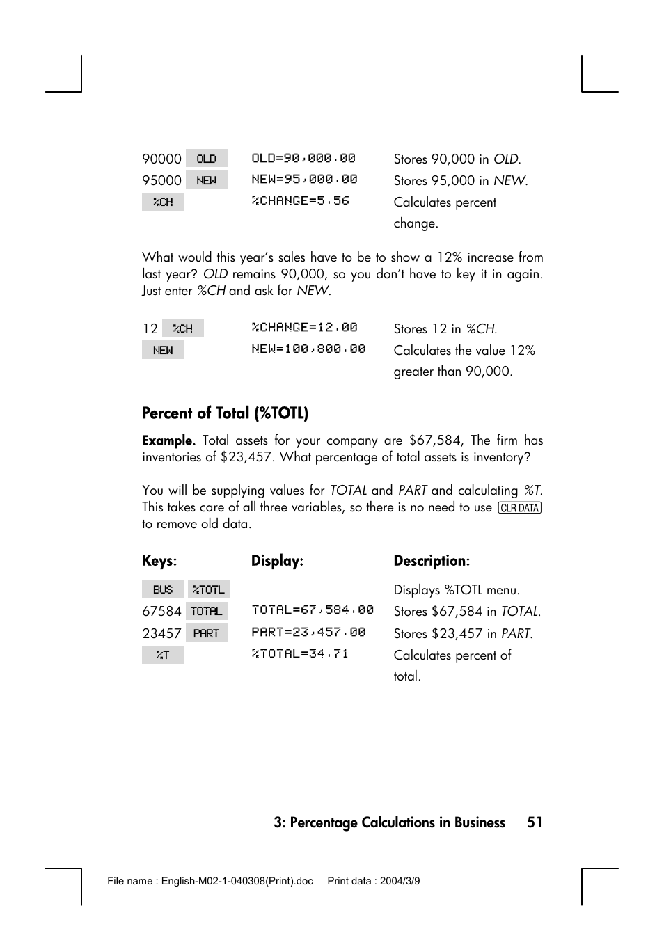 Percent of total (%totl) | HP 17bII+ User Manual | Page 51 / 310