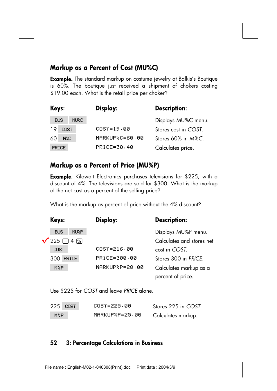 Markup as a percent of cost (mu%c), Markup as a percent of price (mu%p) | HP 17bII+ User Manual | Page 52 / 310