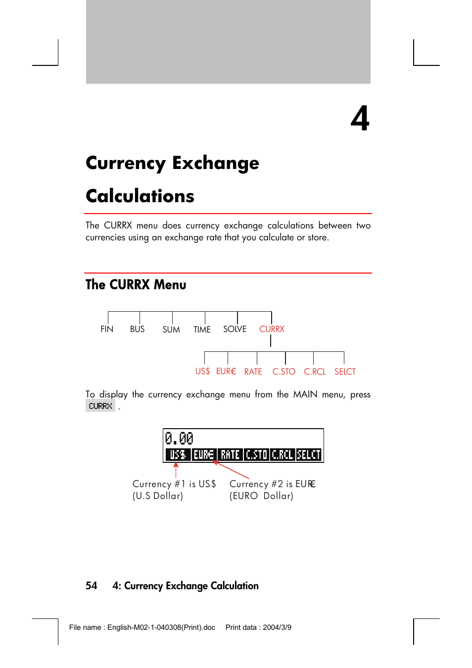 Currency exchange calculations, The currx menu | HP 17bII+ User Manual | Page 54 / 310