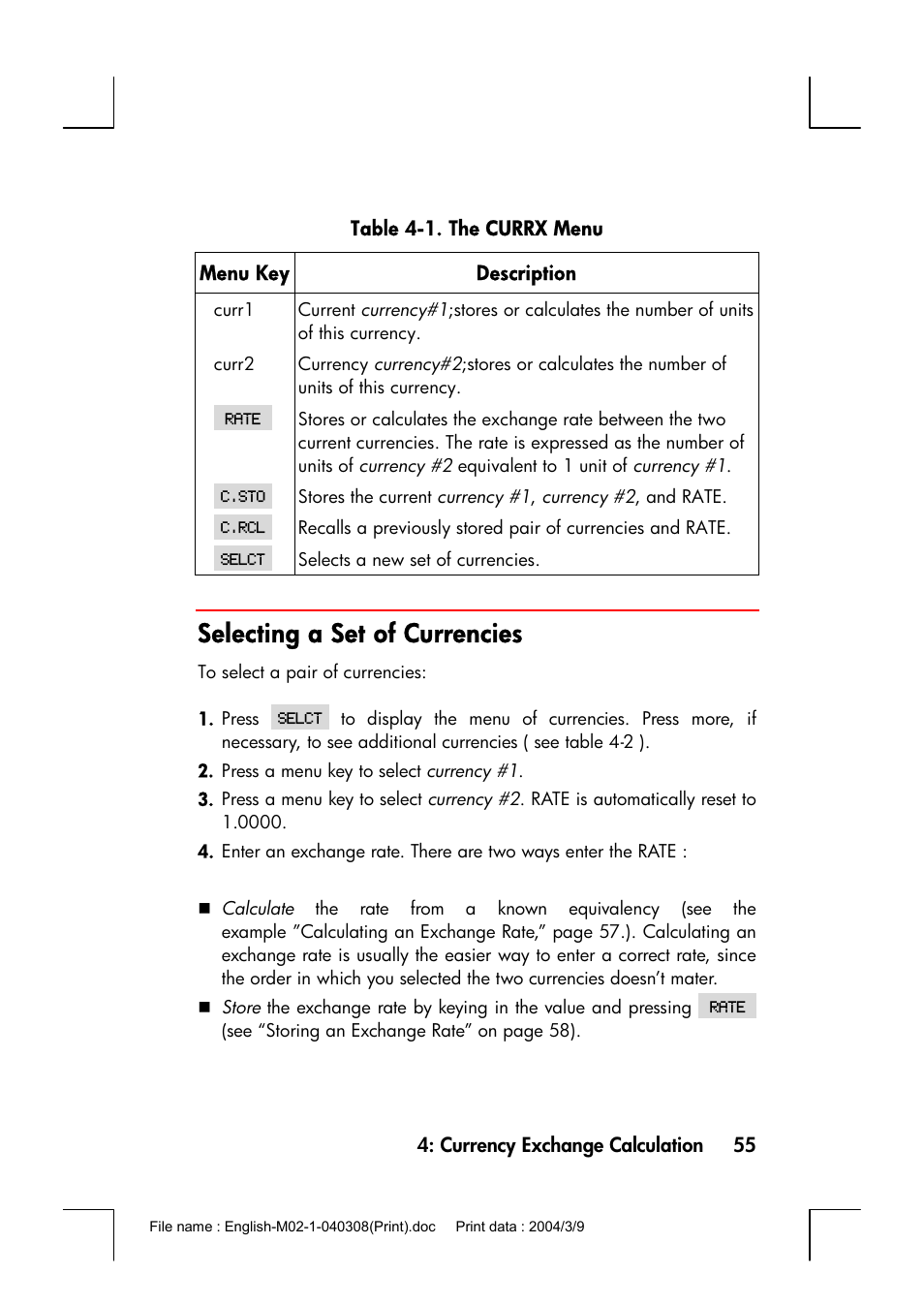 Selecting a set of currencies | HP 17bII+ User Manual | Page 55 / 310