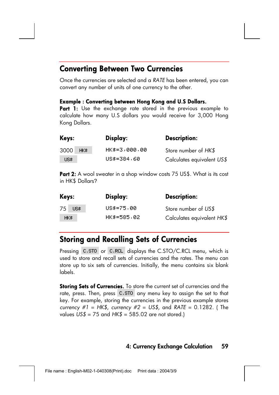 Converting between two currencies, Storing and recalling sets of currencies | HP 17bII+ User Manual | Page 59 / 310
