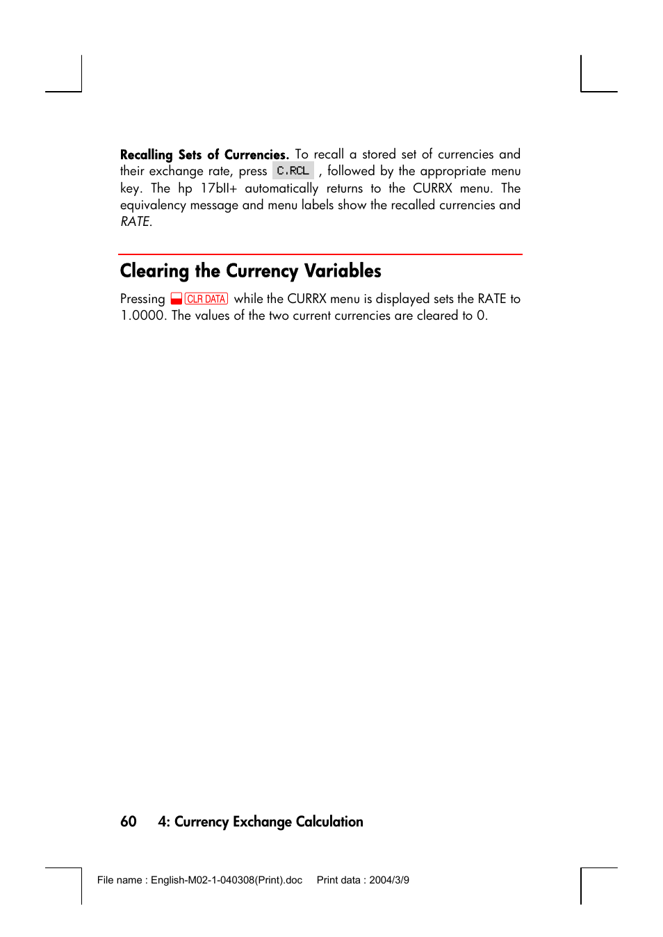 Clearing the currency variables | HP 17bII+ User Manual | Page 60 / 310