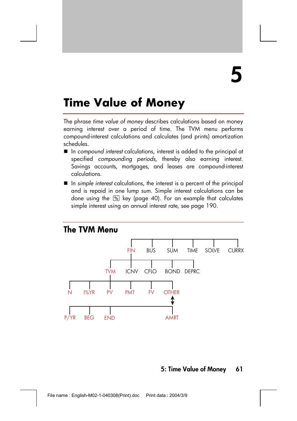 Time value of money, The tvm menu | HP 17bII+ User Manual | Page 61 / 310