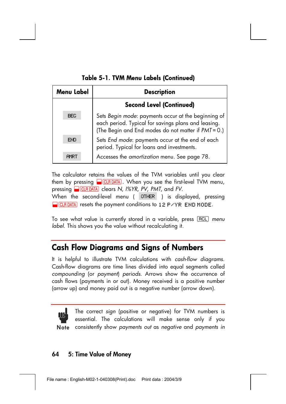 Cash flow diagrams and signs of numbers | HP 17bII+ User Manual | Page 64 / 310