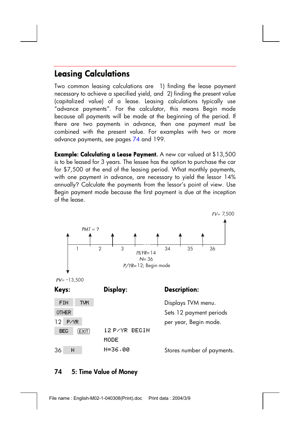 Leasing calculations | HP 17bII+ User Manual | Page 74 / 310