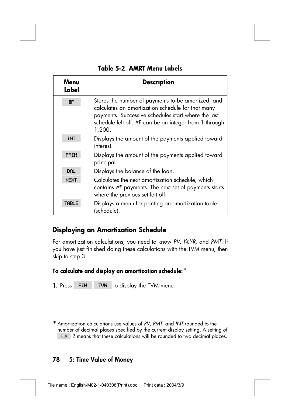 Displaying an amortization schedule | HP 17bII+ User Manual | Page 78 / 310