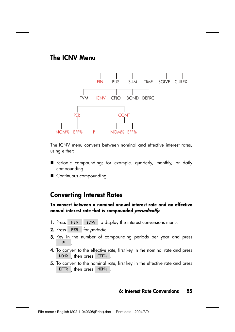 The icnv menu, Converting interest rates | HP 17bII+ User Manual | Page 85 / 310