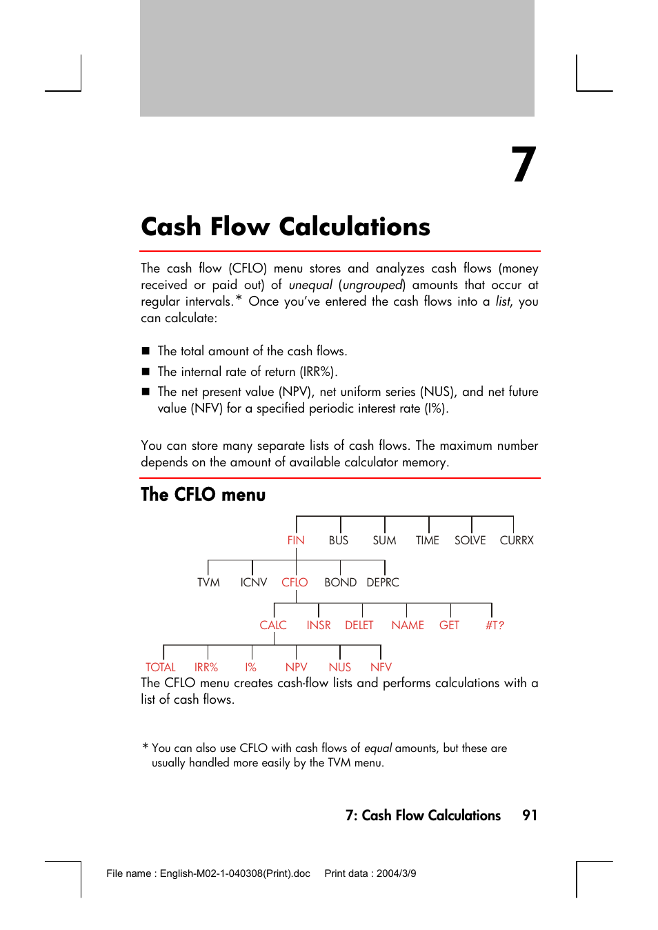 Cash flow calculations, The cflo menu | HP 17bII+ User Manual | Page 91 / 310