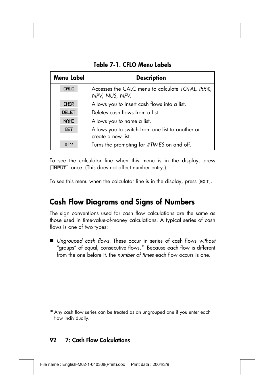 Cash flow diagrams and signs of numbers | HP 17bII+ User Manual | Page 92 / 310