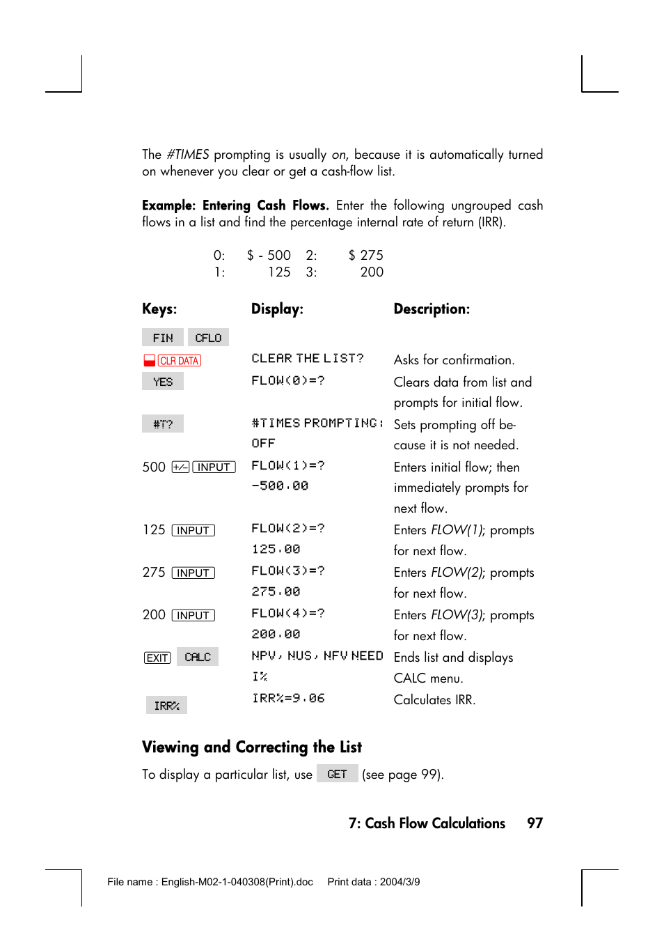 Viewing and correcting the list | HP 17bII+ User Manual | Page 97 / 310