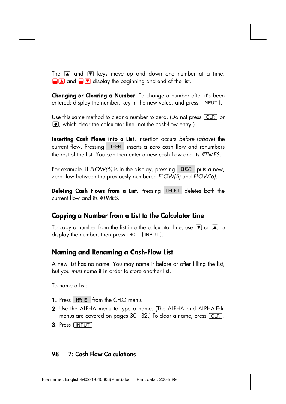 Naming and renaming a cash-flow list | HP 17bII+ User Manual | Page 98 / 310