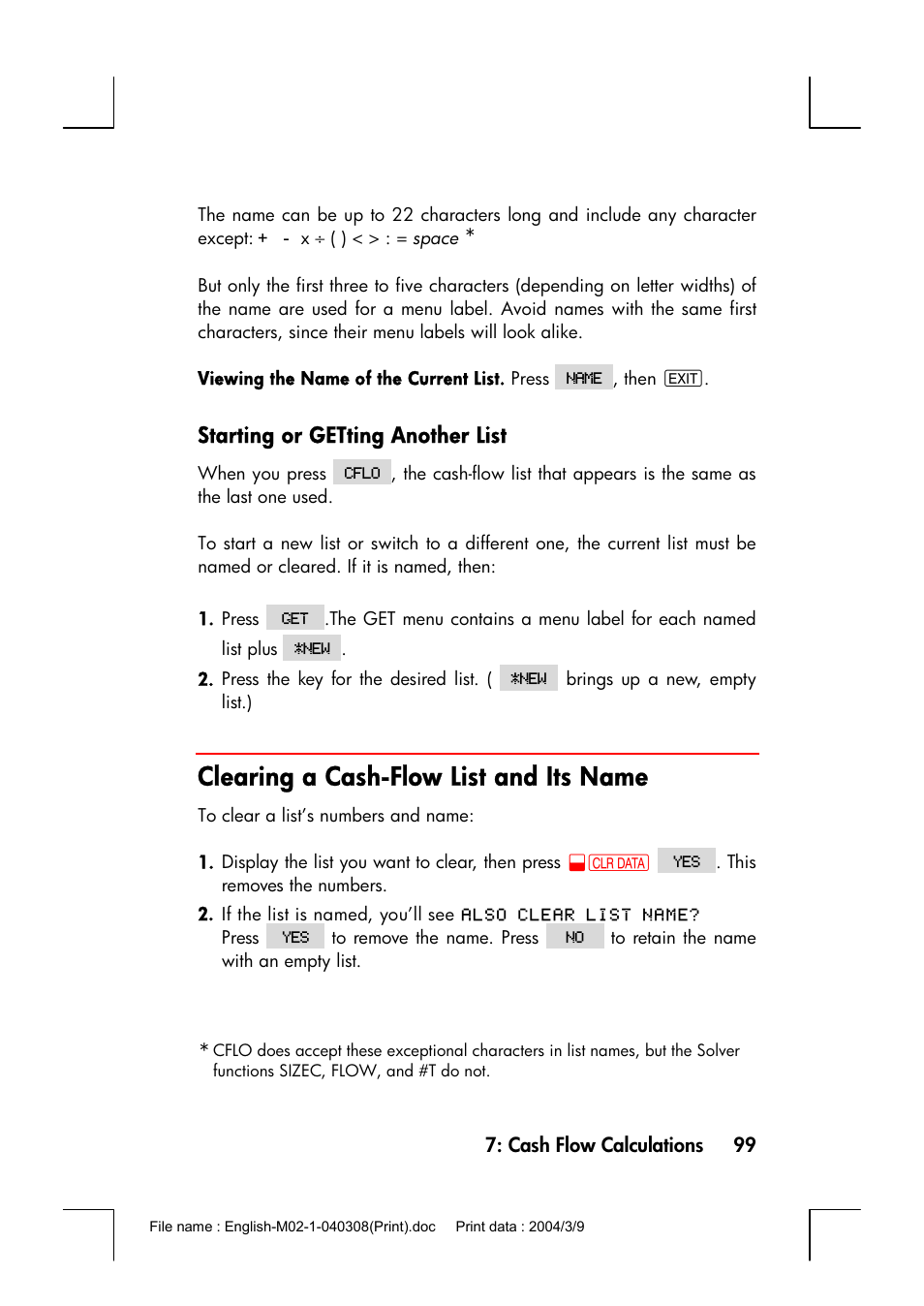 Starting or getting another list, Clearing a cash-flow list and its name | HP 17bII+ User Manual | Page 99 / 310