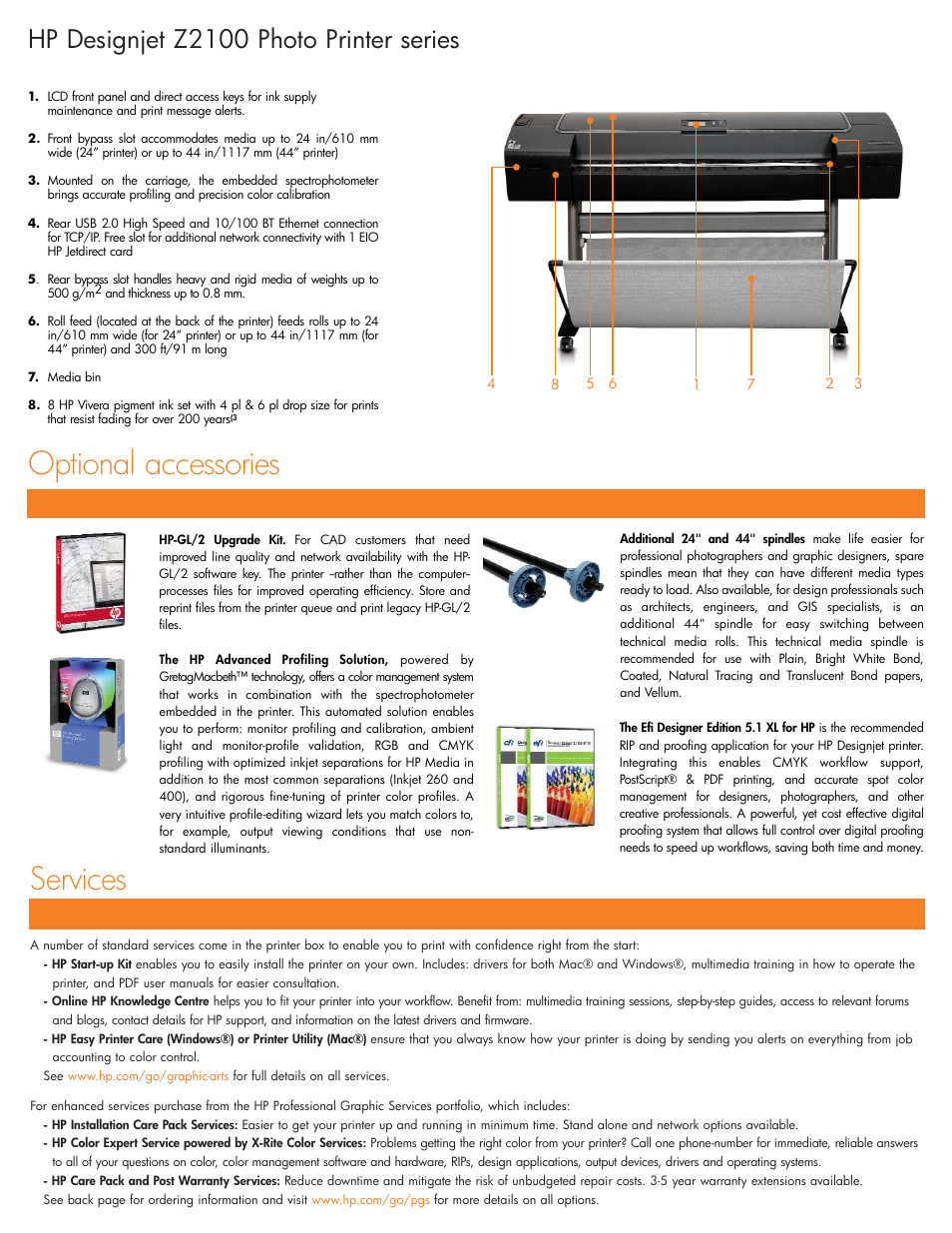 Services, Optional accessories, Hp designjet z2100 photo printer series | HP Z2100 User Manual | Page 2 / 4