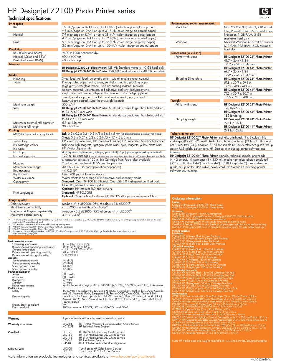 Hp designjet z2100 photo printer series, Technical specifications | HP Z2100 User Manual | Page 4 / 4