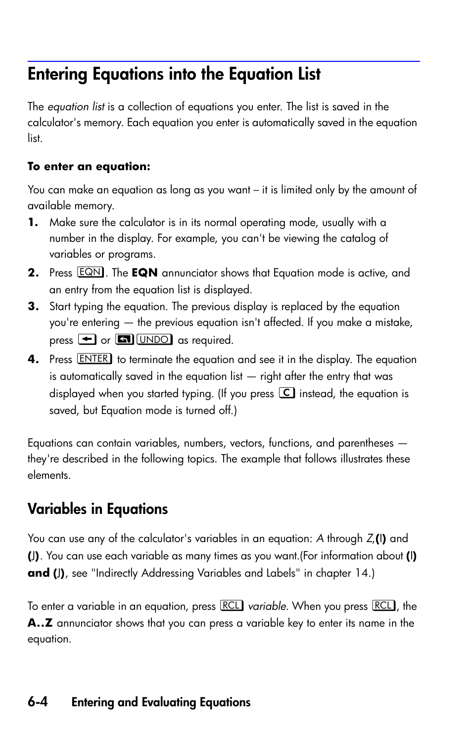 Entering equations into the equation list, Variables in equations | HP 35s Scientific Calculator User Manual | Page 106 / 382
