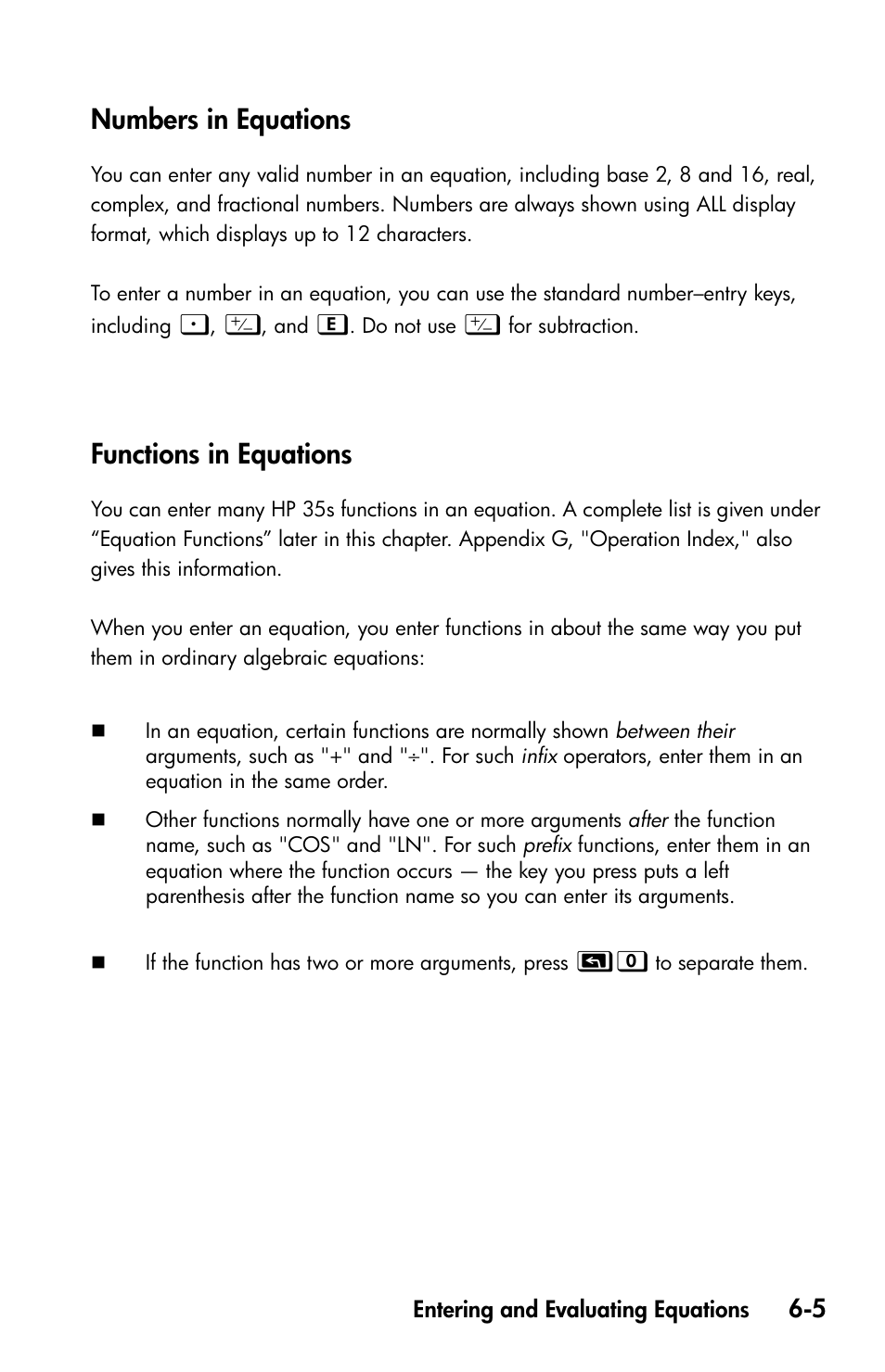 Numbers in equations, Functions in equations | HP 35s Scientific Calculator User Manual | Page 107 / 382