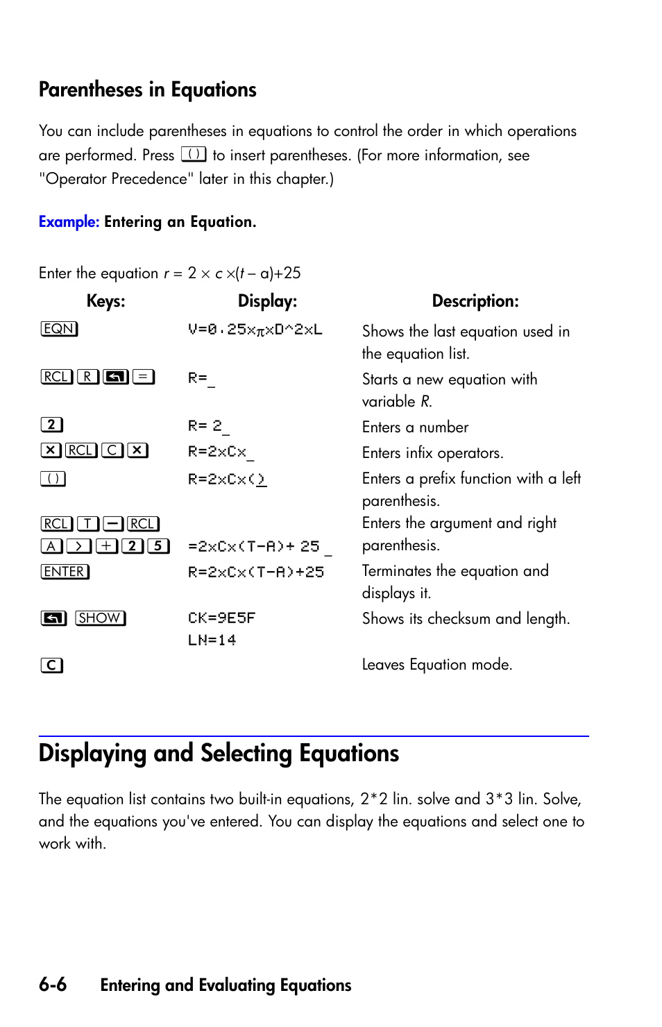 Parentheses in equations, Displaying and selecting equations | HP 35s Scientific Calculator User Manual | Page 108 / 382