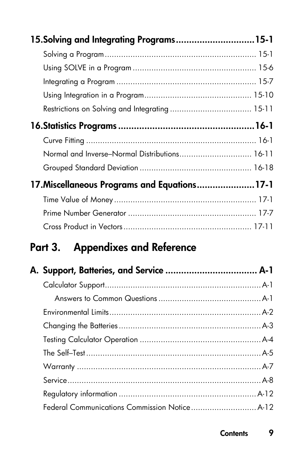 Part 3. appendixes and reference, Solving and integrating programs -1, Statistics programs -1 | Miscella neous programs and equations -1 | HP 35s Scientific Calculator User Manual | Page 11 / 382
