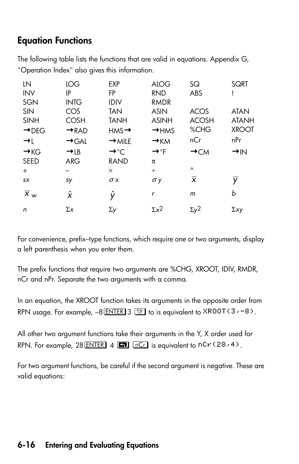 Equation functions, X ˆ y ˆ, Xy x | HP 35s Scientific Calculator User Manual | Page 118 / 382