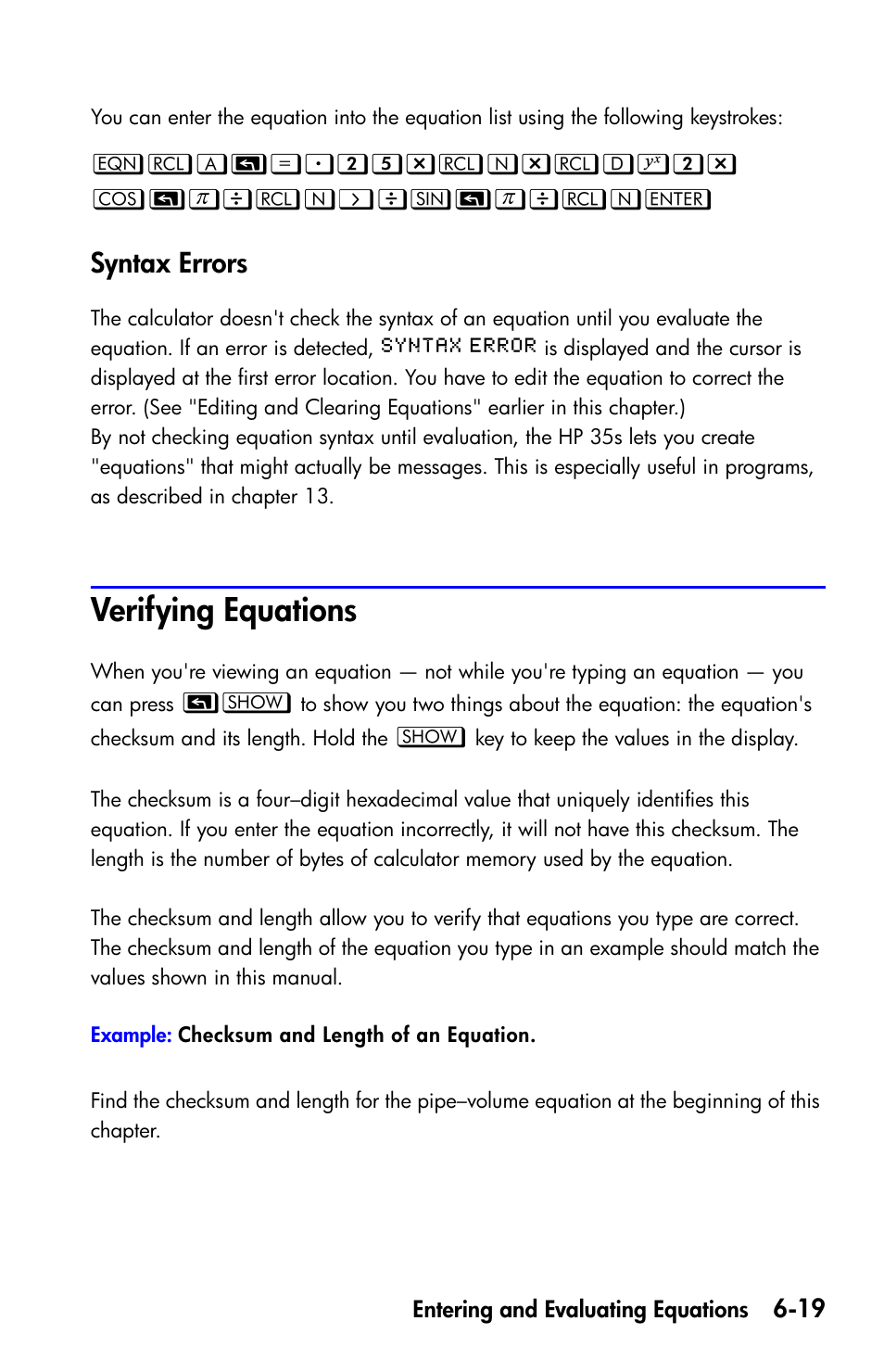 Syntax errors, Verifying equations | HP 35s Scientific Calculator User Manual | Page 121 / 382