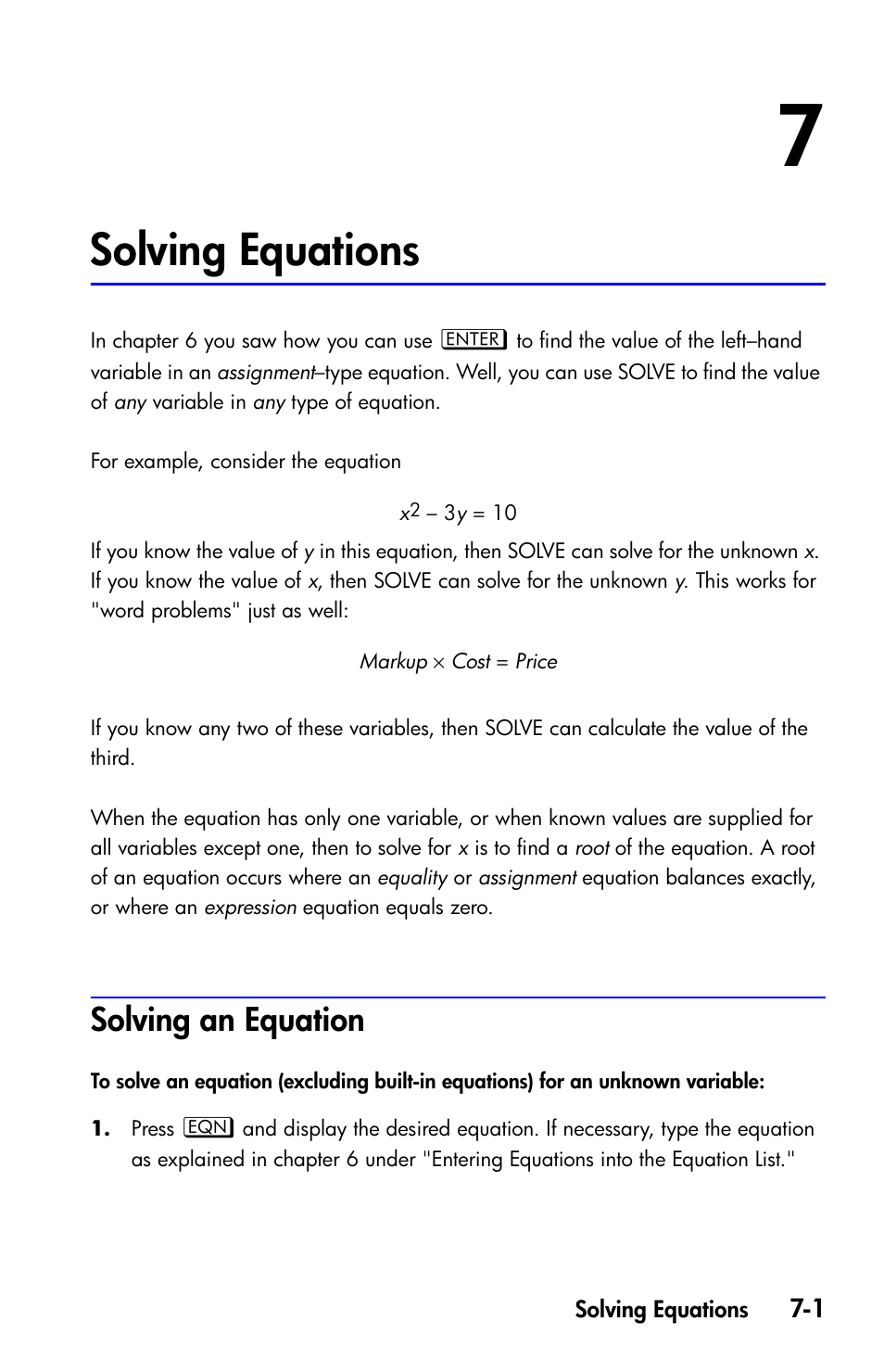 Solving equations, Solving an equation | HP 35s Scientific Calculator User Manual | Page 123 / 382