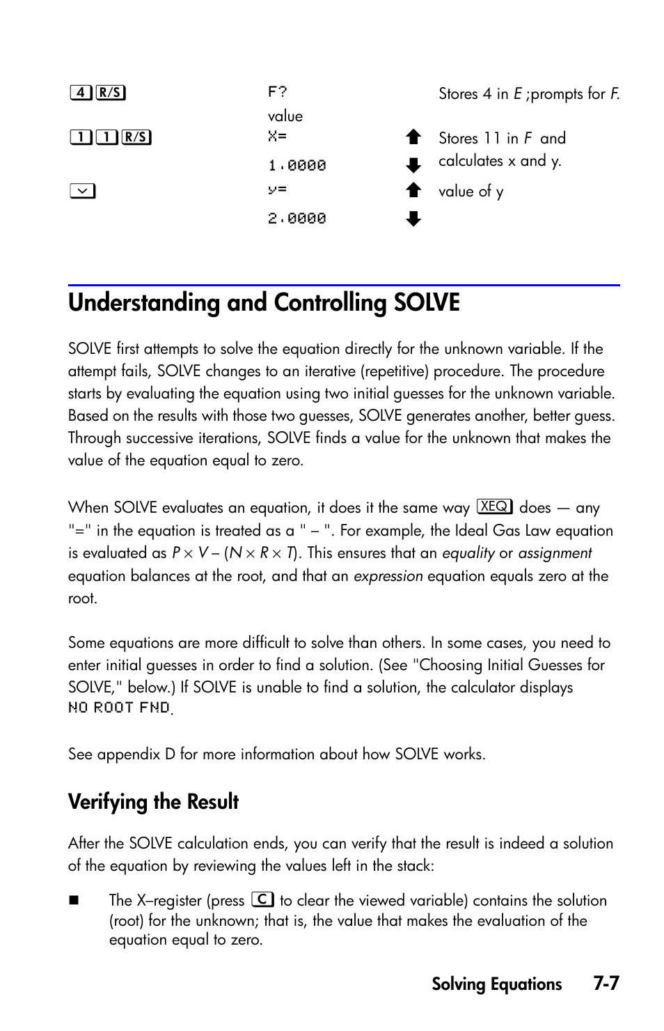 Understanding and controlling solve, Verifying the result | HP 35s Scientific Calculator User Manual | Page 129 / 382