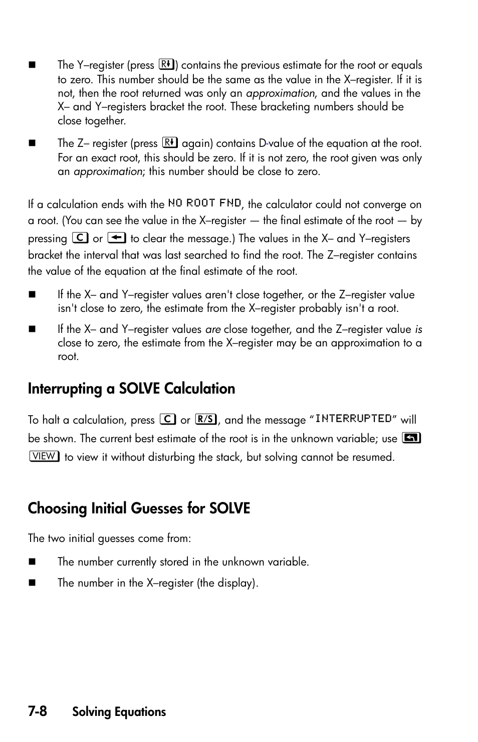 Interrupting a solve calculation, Choosing initial guesses for solve | HP 35s Scientific Calculator User Manual | Page 130 / 382