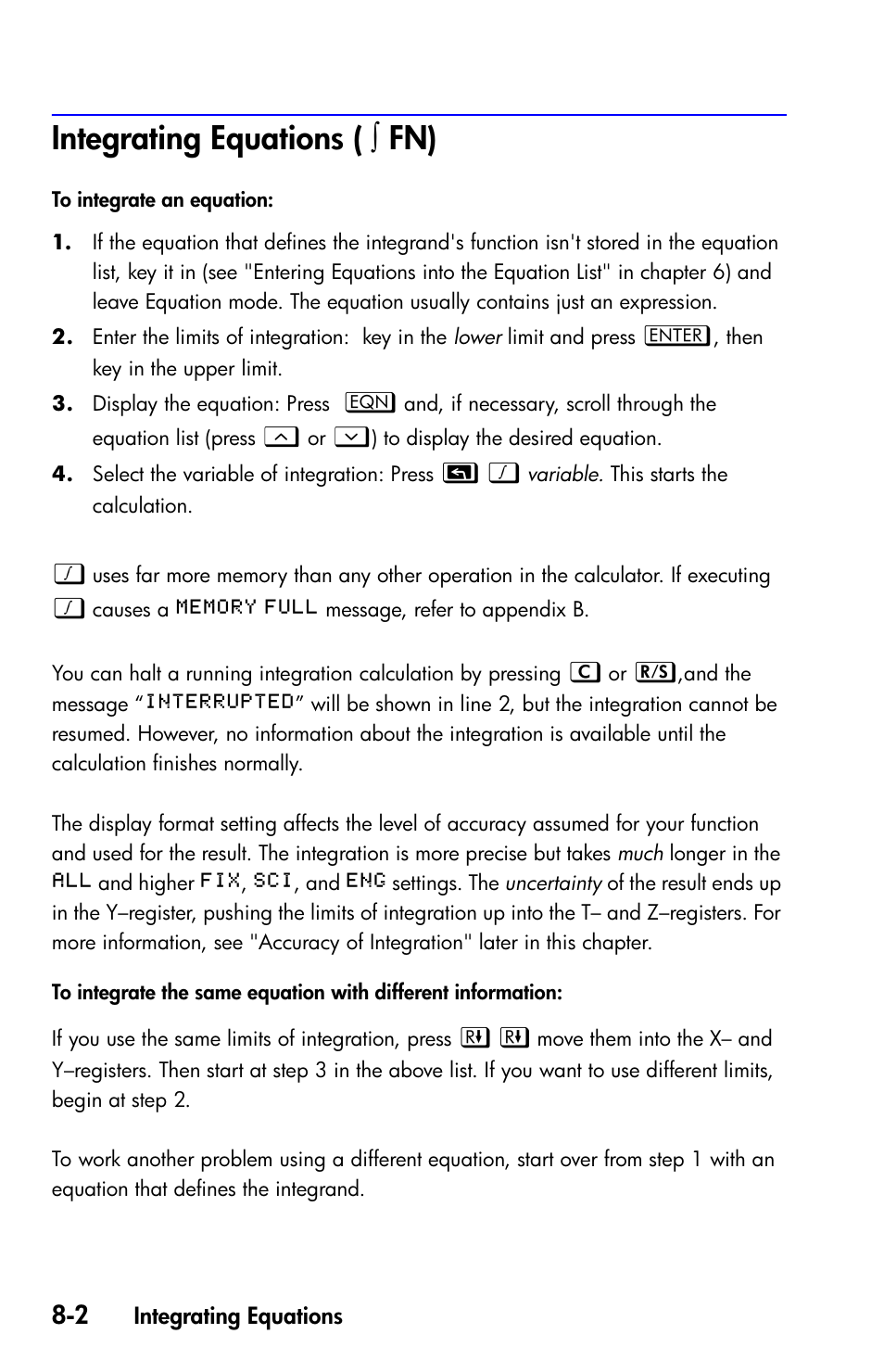 Integrating equations ( ú fn), Integrating equations | HP 35s Scientific Calculator User Manual | Page 136 / 382