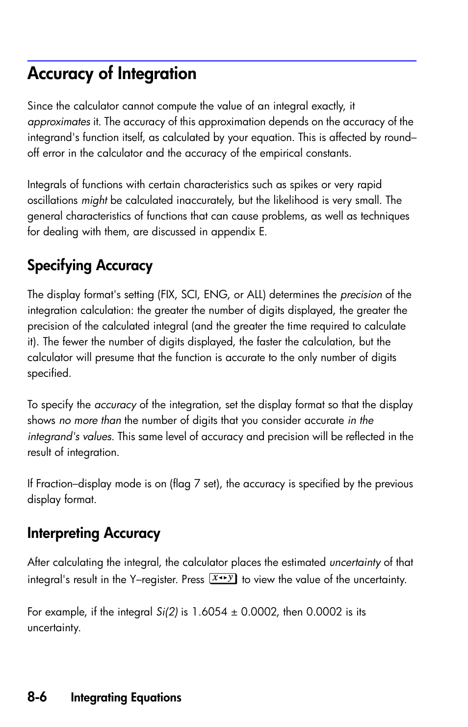 Accuracy of integration, Specifying accuracy, Interpreting accuracy | HP 35s Scientific Calculator User Manual | Page 140 / 382