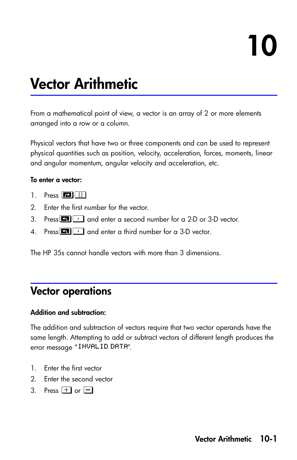 Vector arithmetic, Vector operations | HP 35s Scientific Calculator User Manual | Page 151 / 382