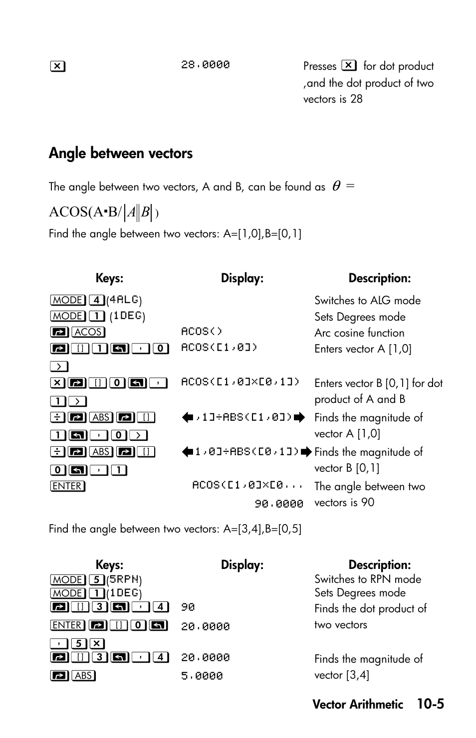 Angle between vectors, Acos(a b | HP 35s Scientific Calculator User Manual | Page 155 / 382