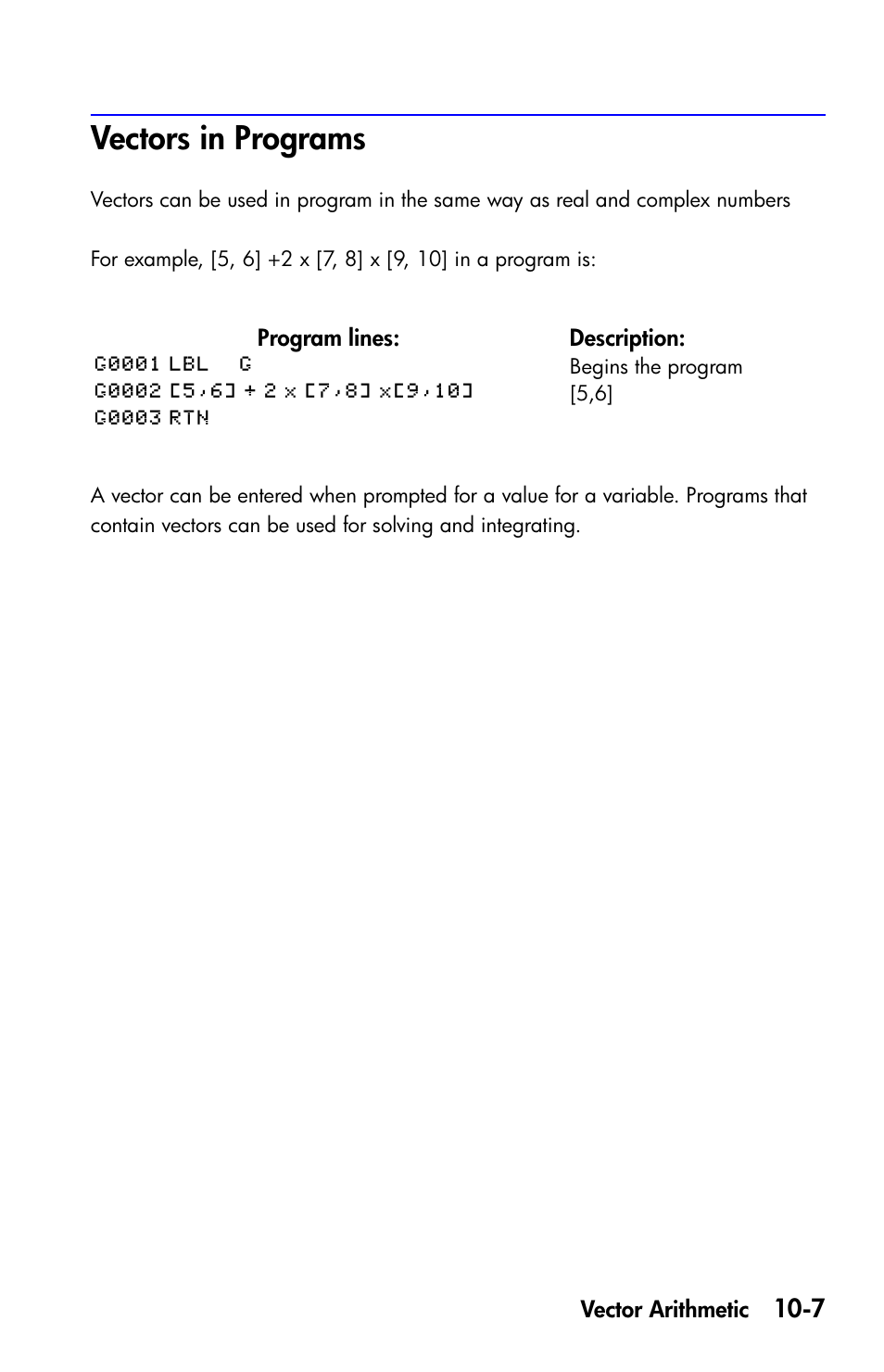 Vectors in programs, Vector s | HP 35s Scientific Calculator User Manual | Page 157 / 382