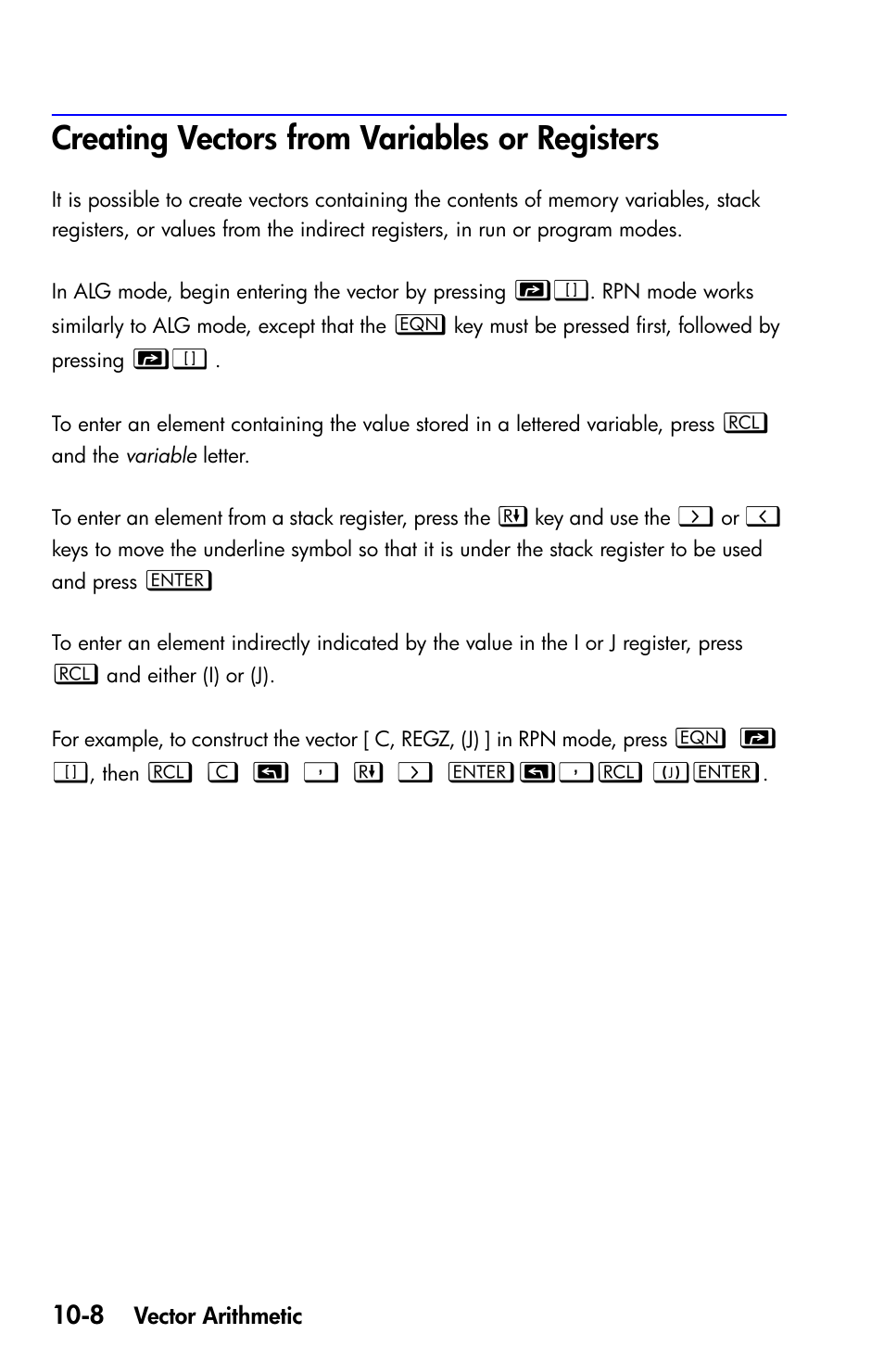 Creating vectors from variables or registers | HP 35s Scientific Calculator User Manual | Page 158 / 382