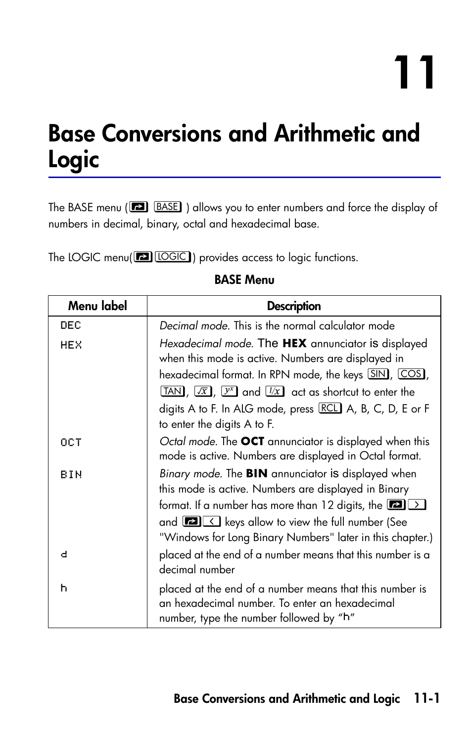 Base conversions and arithmetic and logic, Base conversions and arithm | HP 35s Scientific Calculator User Manual | Page 159 / 382