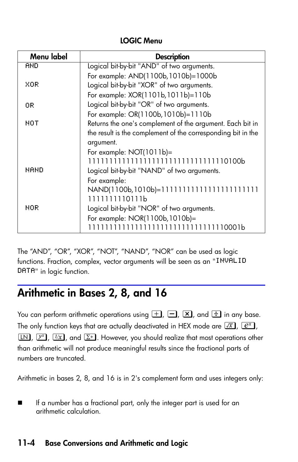 Arithmetic in bases 2, 8, and 16 | HP 35s Scientific Calculator User Manual | Page 162 / 382