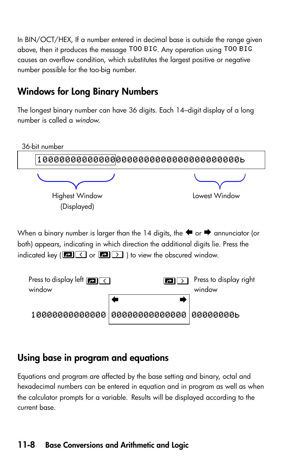 Windows for long binary numbers, Using base in program and equations | HP 35s Scientific Calculator User Manual | Page 166 / 382