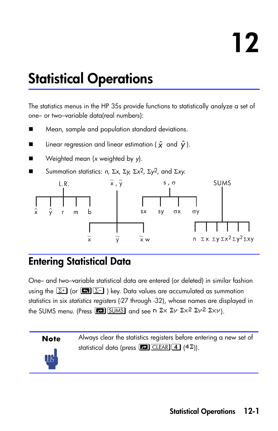 Statistical operations, Entering statistical data, Statistical opera | HP 35s Scientific Calculator User Manual | Page 167 / 382