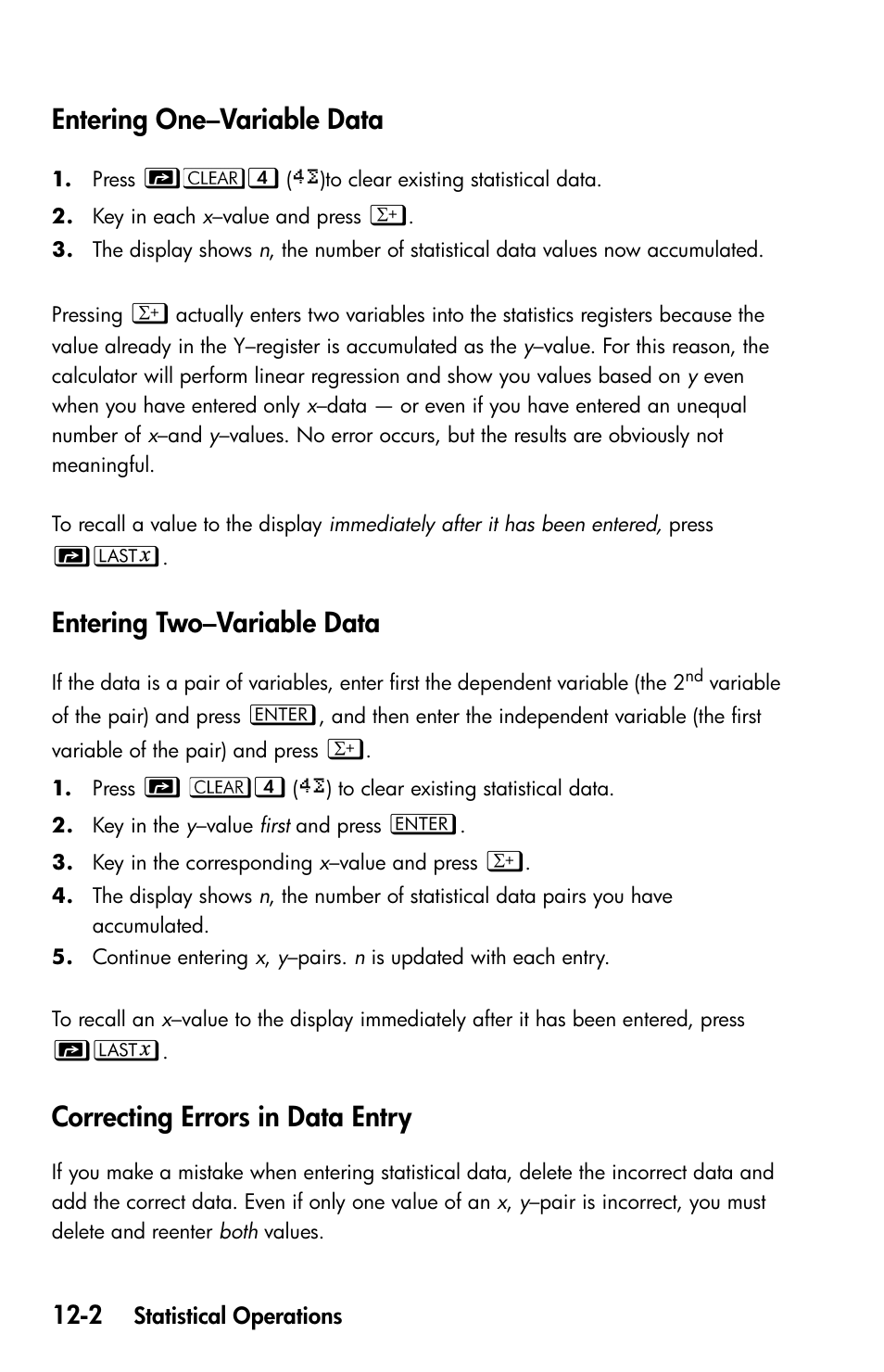 Entering one-variable data, Entering two-variable data, Correcting errors in data entry | Entering one–variable data, Entering two–variable data | HP 35s Scientific Calculator User Manual | Page 168 / 382