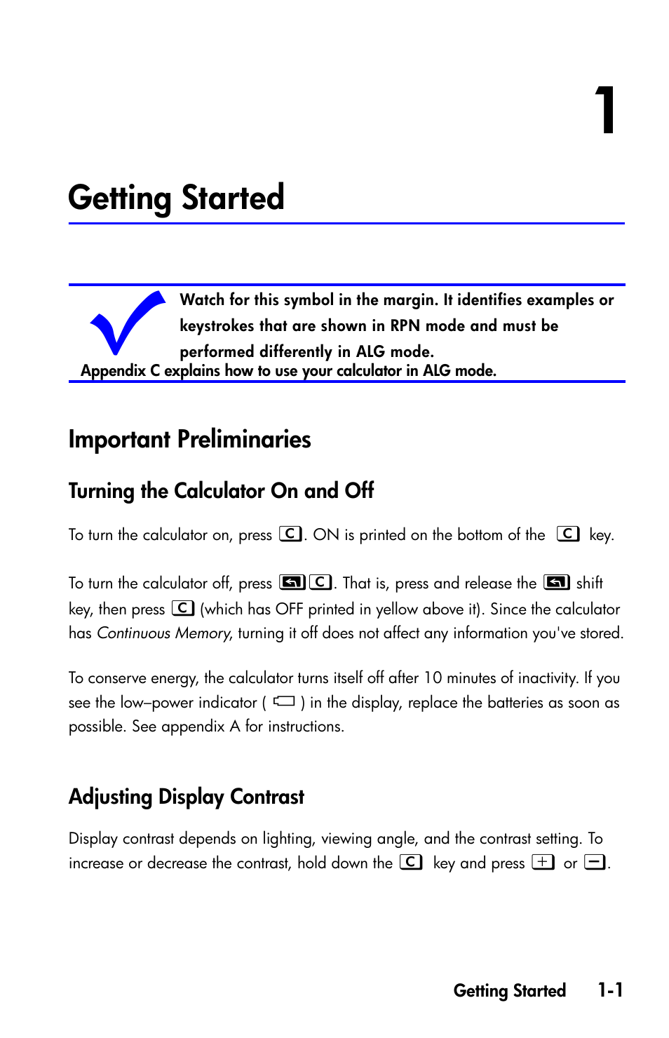 Getting started, Important preliminaries, Turning the calculator on and off | Adjusting display contrast | HP 35s Scientific Calculator User Manual | Page 17 / 382